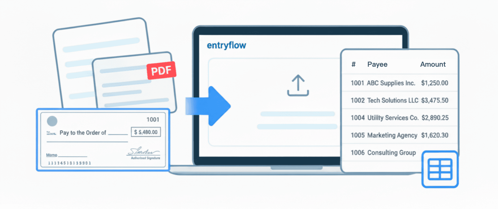 Entryflow check extraction interface showing uploaded checks and extracted data
