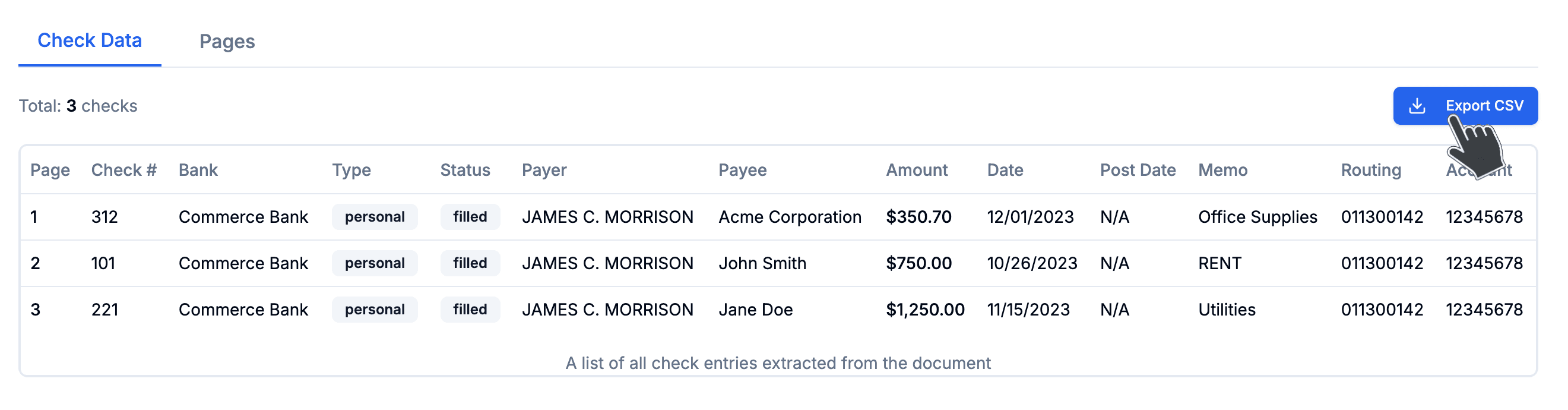 Entryflow CSV export interface